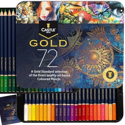 Image of Castle Art Supplies Gold Standard 72 Colouring Pencils Set Quality Oil based Coloured Cores Stay Sharper, Tougher Against Breakage For Adult Artists, Colourists In Presentation Tin Box