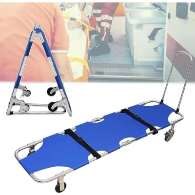 Image of Folding Stretcher, Medical Stretcher Aluminum Lightweight With Trolley 4 Wheels, Pushable Rescue For Patient Transport, Hospitals, Ambulance, Fire