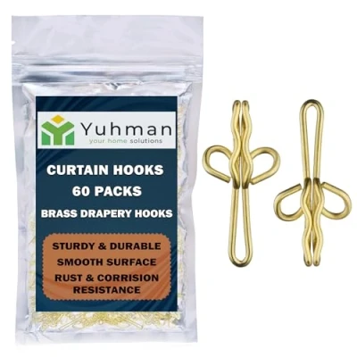 Image of Yuhman 60 Pack Metal Curtain Hooks 2.8cm x 1.3cm Brass Drapery Premium &amp; Heavy Duty Ideal for Windows, Doors Shower Curtains.