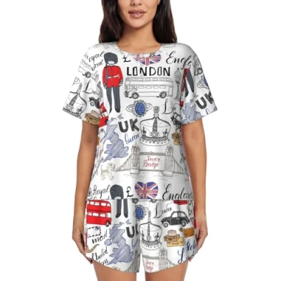 Image of JBYJBX I Love London Women&#039;s Pajamas Set, Cotton Short Sleeve Sleepwear Top Shorts Pjs Sets Soft Loungewear, Black, S