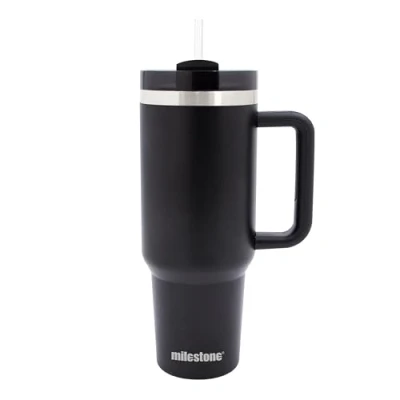 Image of Milestone 40oz Tumbler with Straw, Handle &amp; Lid/Large Capacity Insulated Stainless Steel Travel Mug for Cold or Hot Drinks (Black)