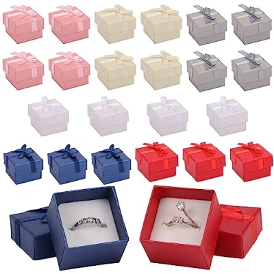 Image of Kurtzy 24 Pack Jewellery Ring Gift Box 4.1x 4.1cm/1.61x 1.61Inches Assorted Colour Cardboard Display Boxes with Bow &amp; Velvet Insert Rings Earring Case for Anniversaries, Weddings Birthdays