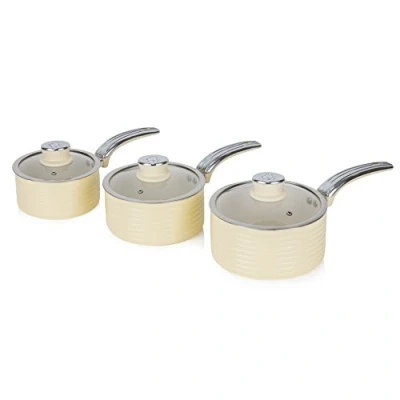 Image of Swan Retro Induction Saucepan Set With Glass Lids, Non Stick Ceramic Coating, Easy to Clean, Cream, 3 Piece, 16/18/20 cm