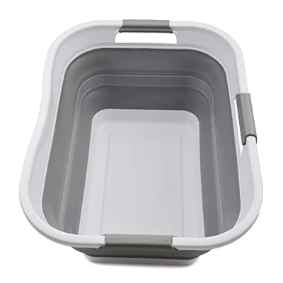 Image of SAMMART 30L Collapsible Plastic Laundry Basket Foldable Pop Up Storage Container/Organizer Portable Washing Tub Space Saving Hamper/Basket Water Capacity: 24L(1, White/Grey)
