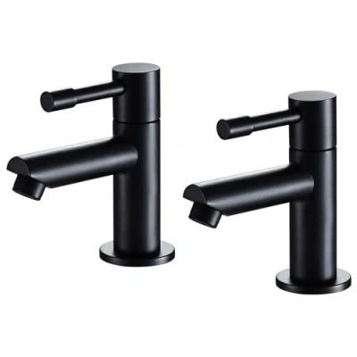 Image of Wasserrhythm Basin Pillar Taps Pair Black Twin Bathroom Sink Mixer Monobloc Matte Brass Cloakroom Faucets Traditional Mono 2PCs Hot and Cold Water 1/4 Turn Lever, DT28J