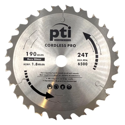 Image of PTI 190mm x 20mm 24T, Thin Kerf Saw Disc 1.5mm Thick Cordless Saws quality TCT Circular Saw. Hardened &amp; precision balanced Micrograin Carbide Teeth