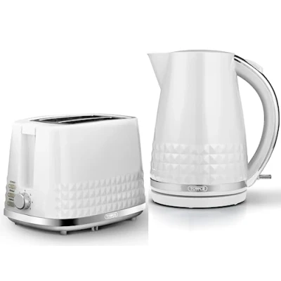Image of TOWER Solitaire White 1.5L 3KW Jug Kettle &amp; 2 Slice Toaster. Matching Modern Design Toaster Set in with Chrome Accents