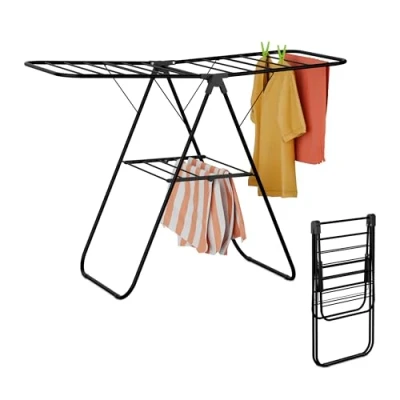 Image of Relaxdays Collapsible Clothes Dryer, 2 Wings, Levels, Laundry Drying Rack, HWD: 93 x 136 58 cm, Foldable, Black, Iron