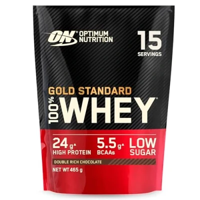 Image of Optimum Nutrition Gold Standard 100% Whey Muscle Building and Recovery Protein Powder With Naturally Occurring Glutamine BCAA Amino Acids, Double Rich Chocolate Flavour, 15 Servings, 465 g
