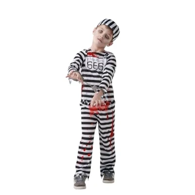 Image of Bristol Novelty 300861M Zombie Convict Fancy Dress, Boys, Black/White, Medium Age 5 6 Years