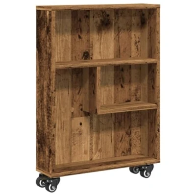 Image of vidaXL Narrow Storage Trolley Bookcase Rolling Cart Old Wood Engineered 48x13x68 cm Four Swivel Wheels Lockable Small Spaces Living Room/Kitchen/Bathroom