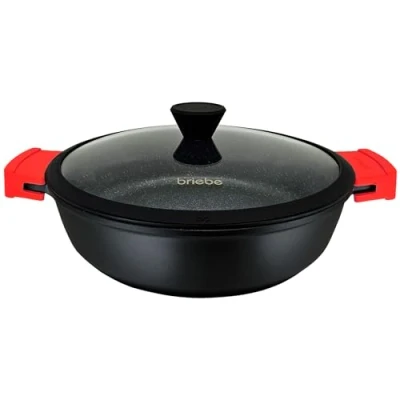 Image of briebe Black Titanium Induction Non Stick Low Cookware Casserole 32 cm, Cast Aluminum, PFOA Free Coating, Glass Lid, Silicone Handles, Ceramic Glass, Gas, Oven