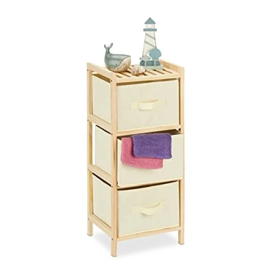 Image of Relaxdays Bathroom Shelf with 3 Foldable Baskets, Storage Space, Wood &amp; Fleece, HWD: 65 x 28 25.5 cm, Natural/Beige