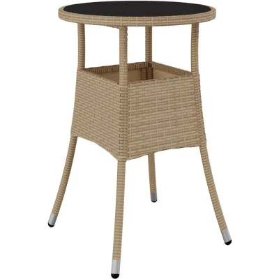 Image of vidaXL Garden Table Beige Poly Rattan &amp; Tempered Glass Ø60x75 cm Outdoor Patio Furniture with Protective Rubber