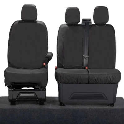 Image of UK Custom Covers To Fit Ford Transit (2023 Onwards) Tailored Heavy Duty Waterproof Front Seat (Single/Double WITH Pull Down Tray) Black SC334B