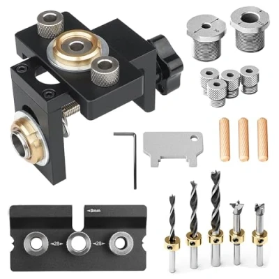 Image of 3 in 1 Pocket Hole Jig Kit, 6/8/10/12/15mm Drilling Template Dowel Set Doweling Guide Woodworking Position Tools with Positioning Clip Adjustable Drill Puncher Locator