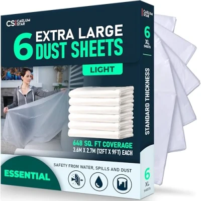 Image of CS 6 Pack Extra Large Plastic Dust Sheets for Decorating 3.6 x 2.7m (12 9ft), Light Sheet Painting &amp; Furniture, Sheeting Tools Cover
