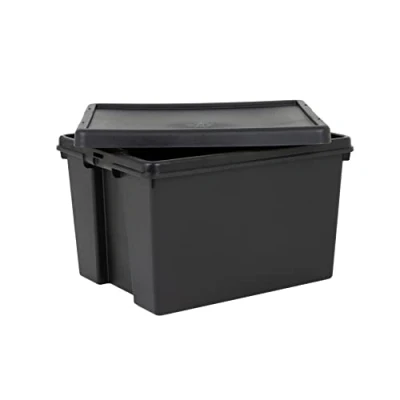 Image of Wham Bam Heavy Duty Storage Boxes With Lids, Recycled and Recyclable Strong Box, Black, Garage, Shed, Secure (45L, Set of 3)