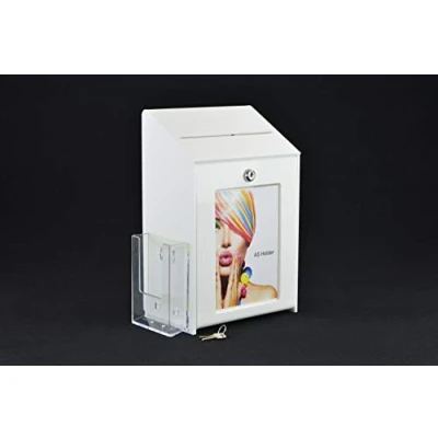 Image of Pos Display Shop Lockable White Acrylic Collection Box/Ballot Box/Comments Box/Feedback Box/Suggestion Box + 1/3rd A4 Leaflet Holder PDS9463 LH 100% Recyclable!