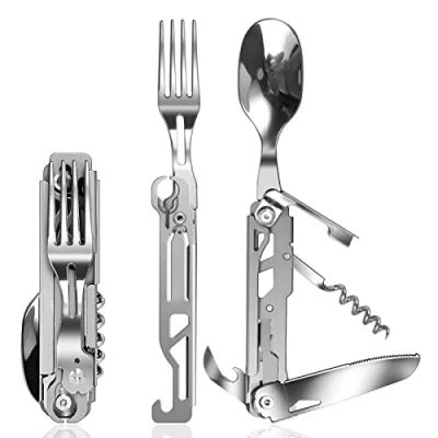 Image of ZIMAIC Camping Cutlery, 5 in 1 Cutlery Set Multitool Portable Stainless Steel Spoon, Fork, Knife &amp; Bottle Opener Combo Set, Outdoor Detachable Tableware Utensil Travel, Backpacking