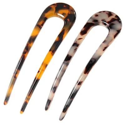 Image of Pack of 2 Celluloid Chignon U Shape Hair Pins Stick Shaped French Style Fork Turtle Sticks for Women Girls