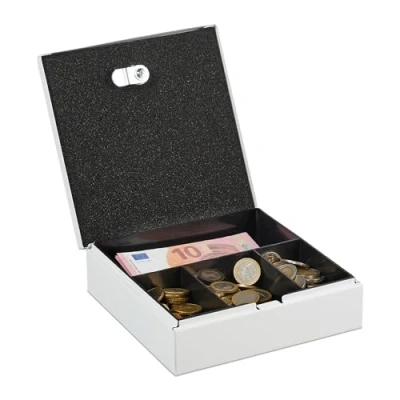 Image of Relaxdays Lockable Cash Box, Removable Insert, 4 Compartments, Money Safe, Iron, HxWxD: 6 x 17 17.5 cm, White