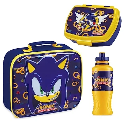 Image of SONIC THE HEDGEHOG Kids Lunch Box 3 Piece Set Insulated Bag Snack 430ml Water Bottle BPA Free School Travel Official Merchandise