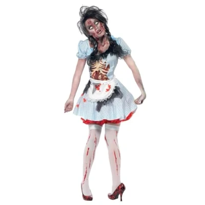 Image of Smiffys Horror Zombie Countrygirl Costume, Blue Dress with Latex Chest Piece and Apron, Halloween Alley Fancy Dress, Up Costumes