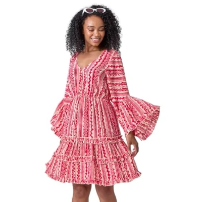 Image of Roman Petite Womens Aztec Print Flared Sleeve Dress Pink Size 14 UK