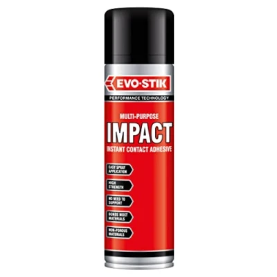 Image of EVO STIK Impact Adhesive Spray, Bonds Immediately on Contact, High Shear Strength, Colour: Translucent Amber, Size: 200ml Spray Can