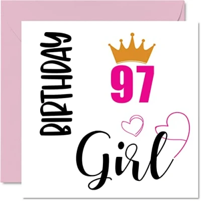 Image of 97th Birthday Card for Women Girl Happy Cards 97 Year Old Woman Great Grandma Nanny Step Mum Auntie, 145mm x Ninety Seven Seventh Bday Greeting Gift