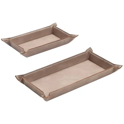 Image of Navaris PU Leather Tray Set 2 pcs Trinket or Valet Key Bowl Jewellery, Pen, Watch Organiser Desk Trays Stylish Bedside Table Accessories Tidy for Men