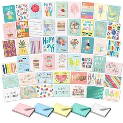 Image of S&amp;O 50 Birthday Happy Cards with Envelopes and Card Assortment Box. Variety Set of Assorted Envelopes, Bulk Greeting