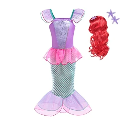 Image of Lito Angels Mermaid Princess Ariel Costumes with Hair Wig Dresses Fancy Party Summer Dress Age 7 8 Years Hot Pink