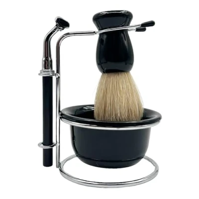 Image of Eson Shaving Brush Set with Beard Brush, Mens Razors for Shaving, Premium Set, Stainless Steel Stand, Bowl &amp; Holder, Ideal Kit Men (Black 4 in 1)