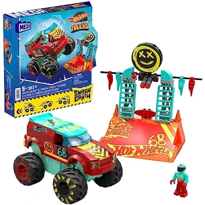 Image of MEGA Hot Wheels Monster Trucks Building Toy, Demo Derby Extreme Trick Course with 151 Pieces, 1 Micro Action Figure Driver, Red, Kids Age 5+ Years