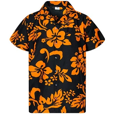 Image of King Kameha Floral Vibes Hibiscus Print Hawaii Colorful Stylish Shirt Standard Fit, Hibiscus, Black Orange, L