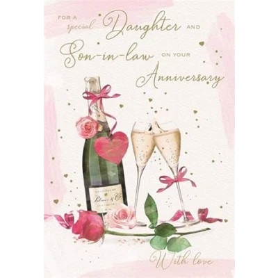 Image of ICG Daughter &amp; Son in Law &#039;On Your Anniversary&#039; Card Champagne Bottle Toasting Glasses with Foil Details Made England
