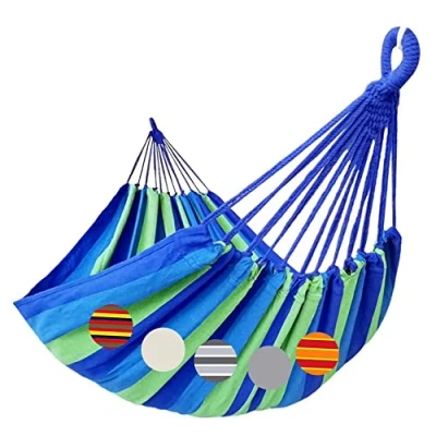 Image of GOCAN Brazilian Double Hammock 2 Person Extra Large 220x160cm Total Length 330cm Load 300kg Canvas Cotton for Patio Porch Garden Backyard Lounging Outdoor and Indoor(Blue/Green) XXL