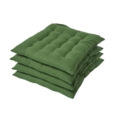 Image of HOMESCAPES Dark Olive Green Seat Pads for Dining Chair, Set of 4 100% Cotton Chair with Straps, 40x40 cm