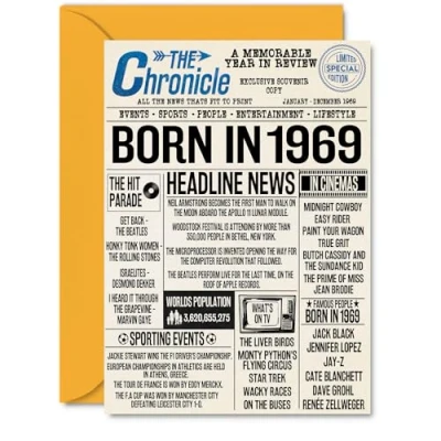 Image of 55th Birthday Cards for Women Men Born In 1969 Newspaper Happy 55 Card Dad Mum Aunt Uncle Vintage Retro Back 1969, A5 Fifty Five Fifth Bday Greeting
