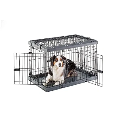 Image of Ferplast Dog Crate Cage Folding for Medium Dogs, Chew Resistant Plastic Base Metal Cage, Divider and Wheels included, Double lock, 3 Doors, M, 92 x 59 h 63 cm.