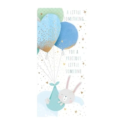 Image of New Baby Boy Money Wallet Card Precious Little Someone Bunny and Balloons Design Special Finish Made in the UK Eco Friendly