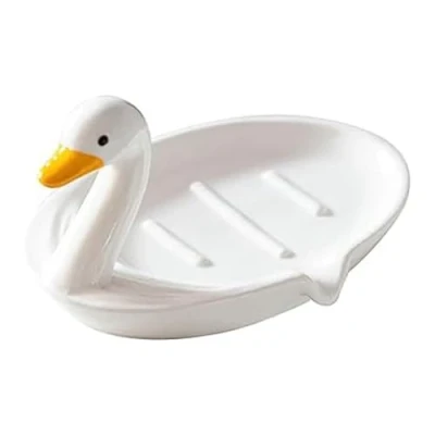Image of Clyictz Cute Animal Duck Ceramic Soap Dish Self Draining Holder with Drain for Shower Bathroom Kitchen