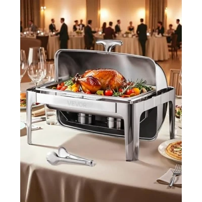 Image of VEVOR Roll Top Chafing Dish Buffet Complete Set, 9Qt Stainless Steel Chafer with Full Size Pan, Rectangle Catering Warmer Server Lid Water Pan Folding Stand Fuel Holder Meal Clip, Silver