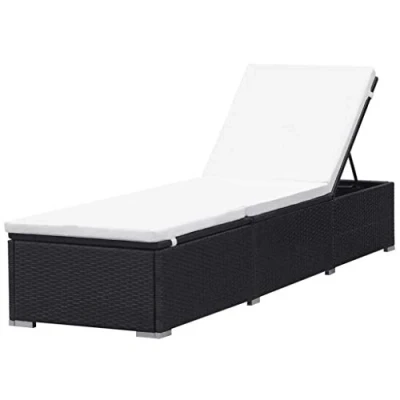 Image of vidaXL Sun Lounger with Cream White Cushion Garden Outdoor Patio Lounge Sunbed Daybed Reclining Furniture Poly Rattan Black