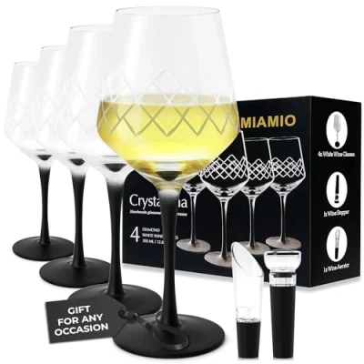 Image of MIAMIO 380 ml White Wine Glasses, Set of 4 Premium Crystal Glasses with Black Long Stem Unique Crystaluna Collection