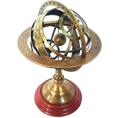 Image of 10&quot; Nautical Brass Armillary Sphere World Globe Rosewood Base Home Decor