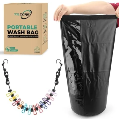 Image of Travel Washing Machine &amp; Retractable Clothesline Hand Portable Clothes Washer Durable Laundry Wash Bag Camping Manual