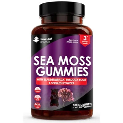 Image of Sea Moss Gummies Enriched with Irish Moss, Burdock Root and Bladderwrack High Strength 3000mg Vegan Vitamin Seamoss Made in UK by New Leaf 180 Gummys